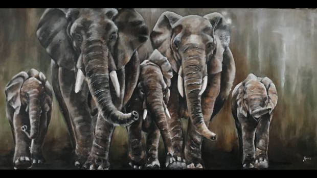 Olifantenfamilie, 80 x 160 cm, Verkocht